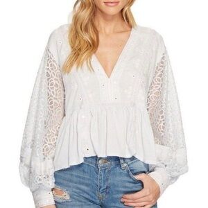 Free People Pale Blue Lace Blouse with Balloon Sleeves